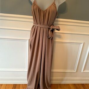 H&M Belted Tan Wide Leg Jumpsuit